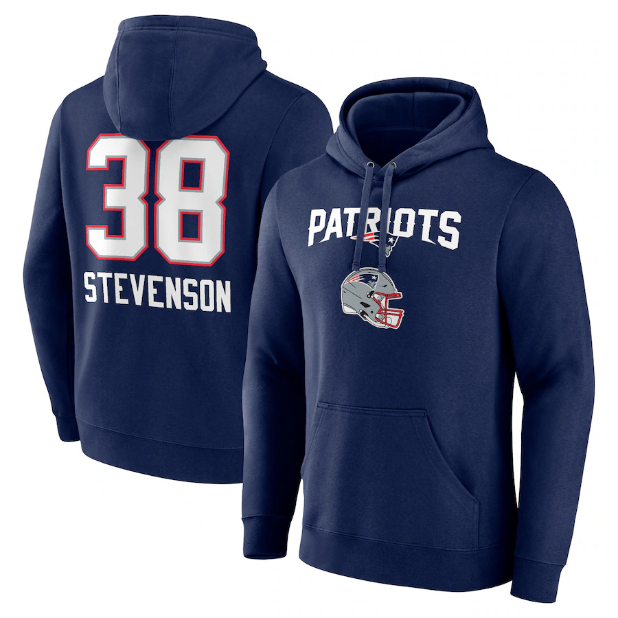 Men's New England Patriots #38 Rhamondre Stevenson Navy Team Wordmark Player Name & Number Pullover Hoodie